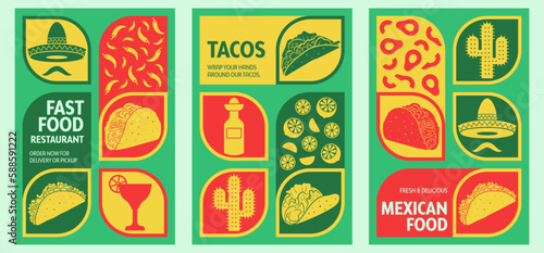 Vector illustration of a set of Mexican fast food tacos menu! Perfect for your street food menu design needs. Tacos cooking ingredients for poster design for social media marketing, banner, background