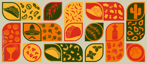 Mexican cuisine frame is the perfect addition to your fast food menu design elements. Tacos cooking and ingredients for tacos banner design for social media marketing of a restaurant or hotel. Vector.