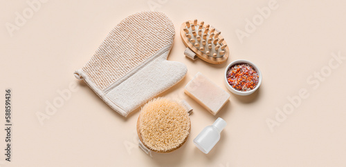 Quadro su tela Bathing accessories and cosmetics on light background