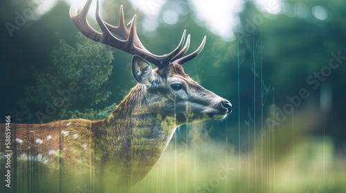 deer and green forest double exposure - AI Generated