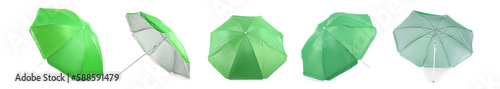 Collage of green beach umbrella on white background