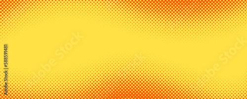 Yellow orange square halftone pattern. Retro comic gradient background. Square dot cartoon texture. Pop art faded gradient pattern. Vector illustration.