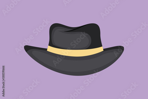 Character flat drawing of beach hat panama icon, label, template, symbol. Fedora hat, with tan leather band, indented crown and brims snapped up. Men head accessory. Cartoon design vector illustration