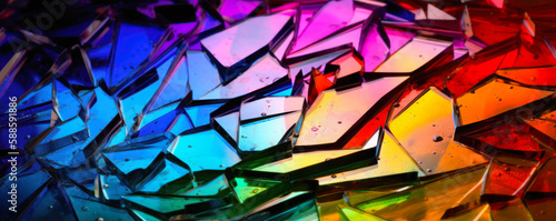 Destructing Beautifully. Shattered glass in colors. Broken glass reflections in rainbow like colors. Generative AI. 