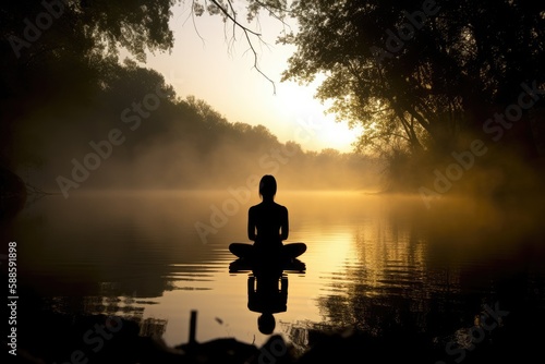 silhouette of a person meditating in nature to capture the sense of calmness and serenity associated with yoga meditation  © PinkiePie