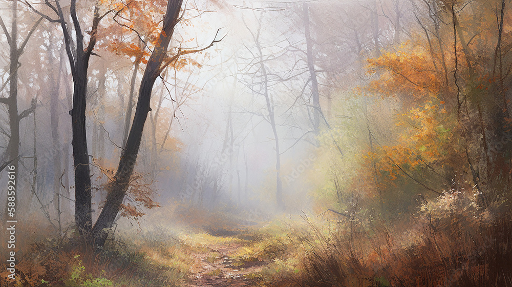 digital watercolor painting of a panoramic landscape of forest, generative ai technology