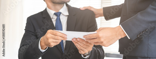 Good job, asian manager man giving financial reward in an envelope, business letter extra salary to company employee, caucasian male worker office hand received premium bonus, getting cheque from boss
