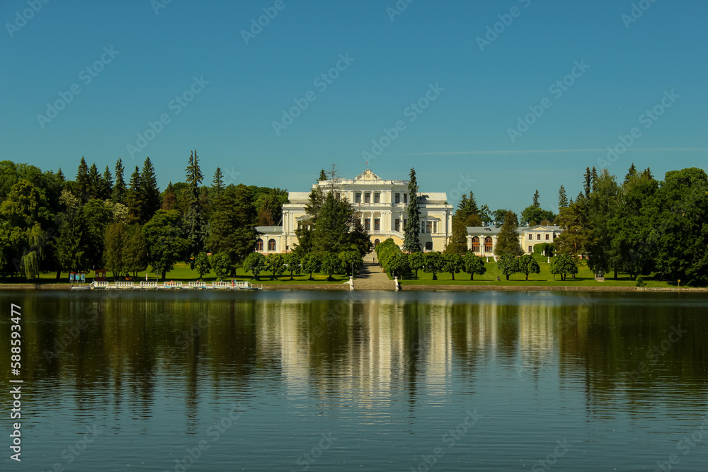 Maryino - the estate of counts Stroganov in the Kursk region, Russia. View from the pond, horizontal, copy space for text