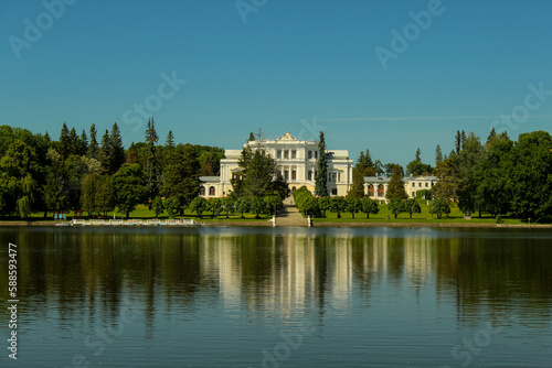 Maryino - the estate of counts Stroganov in the Kursk region  Russia. View from the pond  horizontal  copy space for text