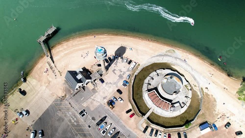 Calshot Castle Between Lifeboat Station And Slipway On The Shore Of The Solent In Southampton, UK. aerial topdown photo