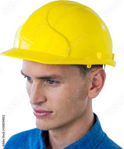 Close-up of confident engineer wearing yellow hard hat