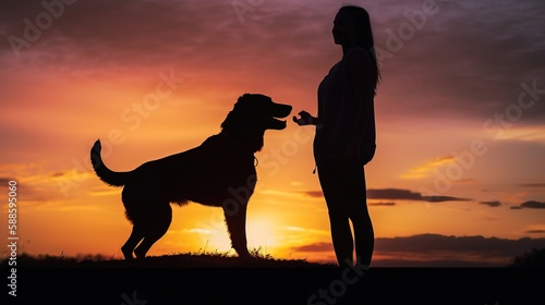 happy woman and dog enjoying sunset - AI Generated