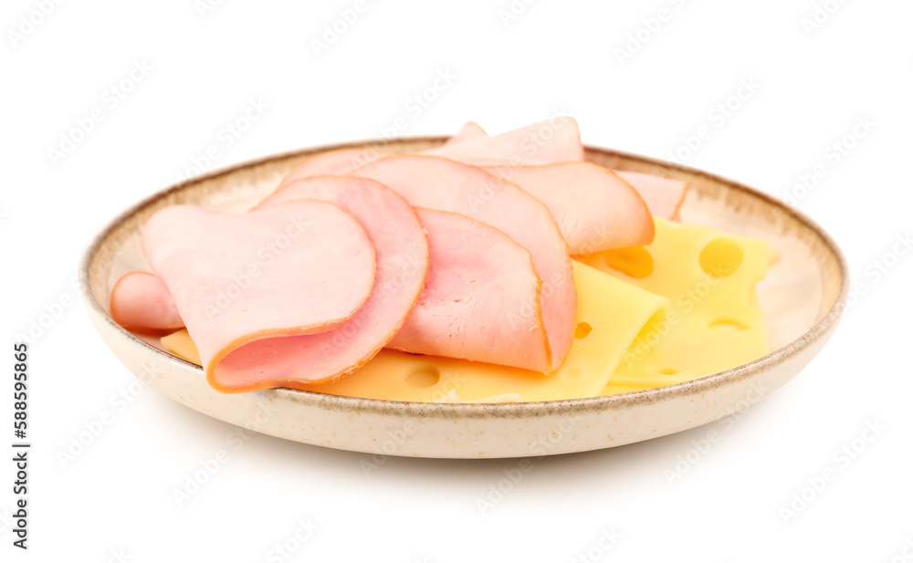 Plate with tasty slices of ham and cheese isolated on white background