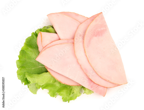 Tasty slices of ham and lettuce isolated on white background