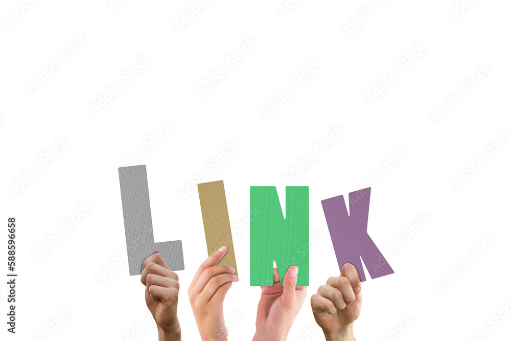 Colorful alphabet spelling link held up by people Colorful alphabet spelling link held up by people
