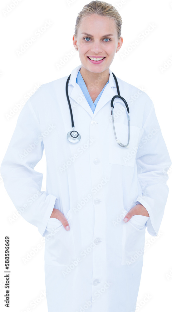 Portrait of smiling female doctor standing hands in pockets Portrait of smiling female doctor standing hands in pockets
