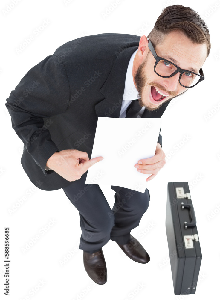 Geeky smiling businessman showing paper Geeky smiling businessman showing paper