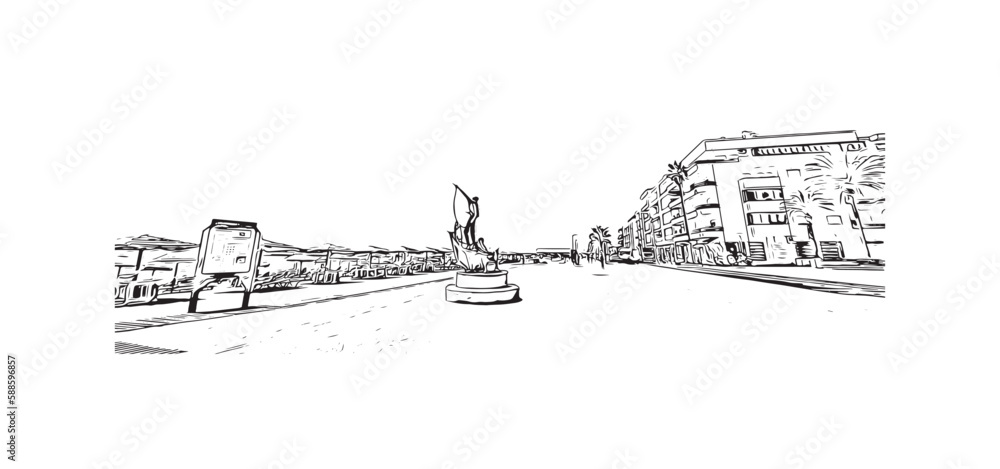 Building view with landmark of Quarteira is the municipality in Portugal. Hand drawn sketch illustration in vector. Building view with landmark of Quarteira is the municipality in Portugal. Hand drawn sketch illustration in vector.
