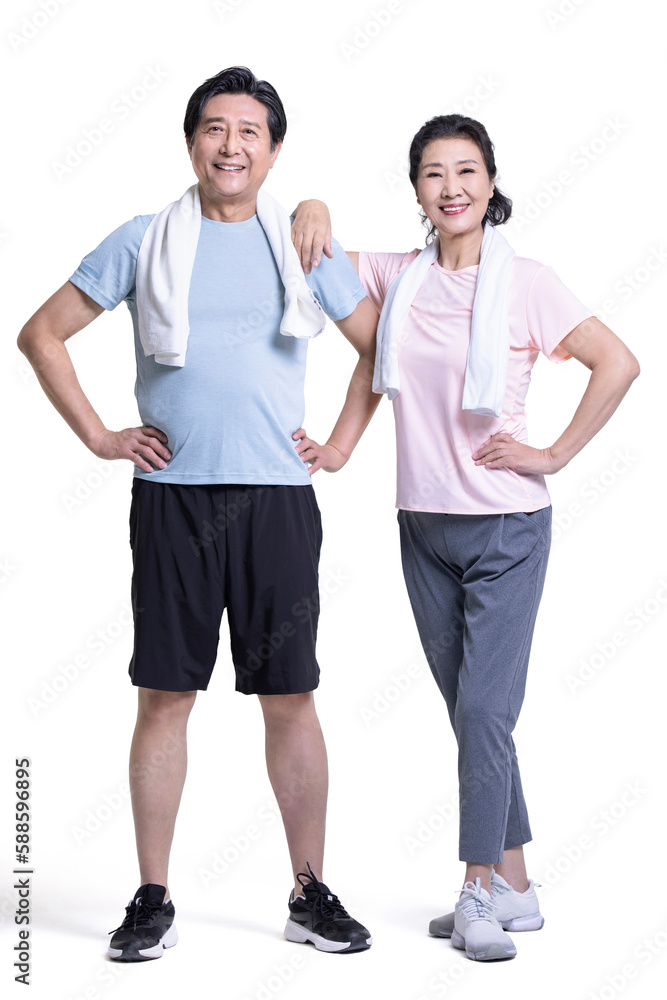 Studio shot of senior Chinese couple exercising Studio shot of senior Chinese couple exercising