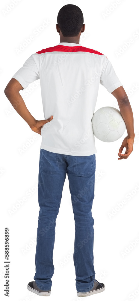 Football fan in white holding ball Football fan in white holding ball