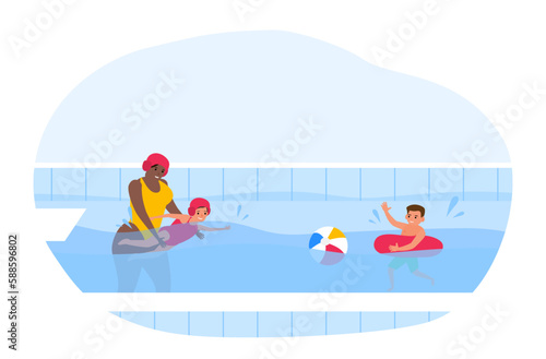 woman coach trainer instructor teach a little girl to swim. swimming pool learning class vector illustration