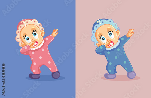 Little Infant Siblings Dabbing and Dancing Funny Vector Cartoon. Gender reveal invitation card design with two cute little babies 
