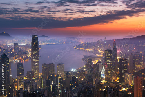 Photography Victoria harbor of Hong Kong city at dawn