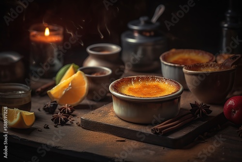 Close-up food photography of Creme brulee, generative AI tools.