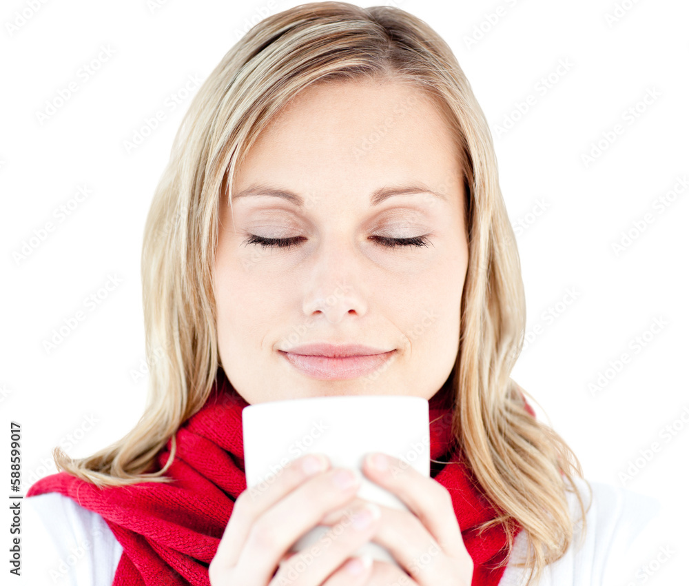 Portrait of a young woman enjoying her hot coffee in the winter Portrait of a young woman enjoying her hot coffee in the winter