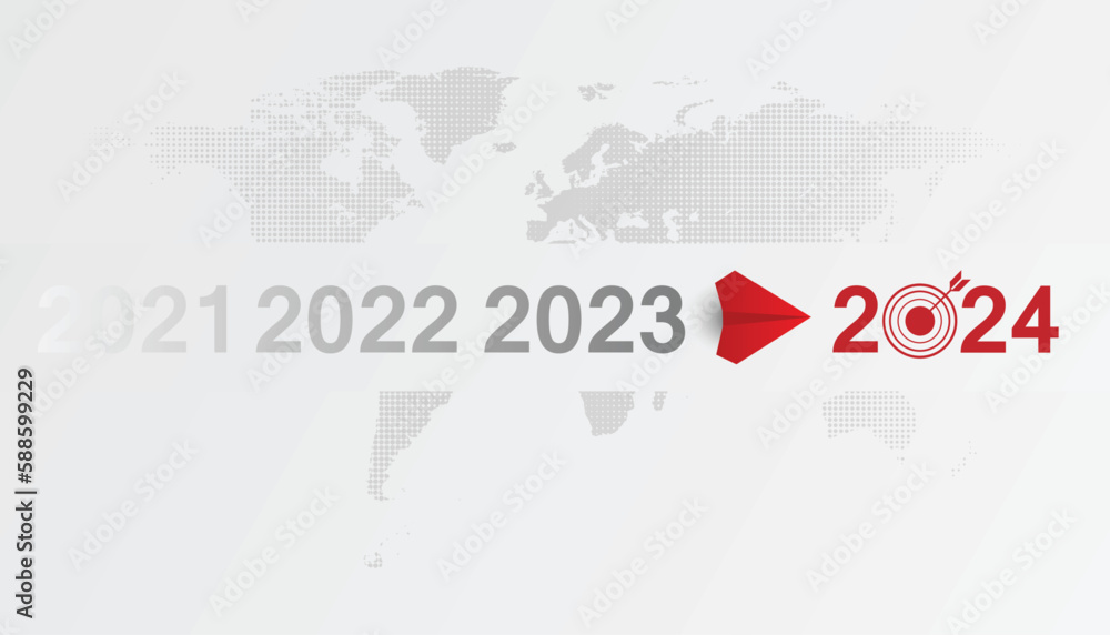 Red plane flying to 2024. Red plane heading towards goal, plan, action, vision. 2024 logo icon, New Year logo. 2024 calendar design elements elegant contrast numbers layout.