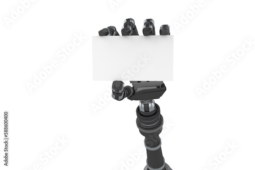 Digital image of black robotic hand holding placard