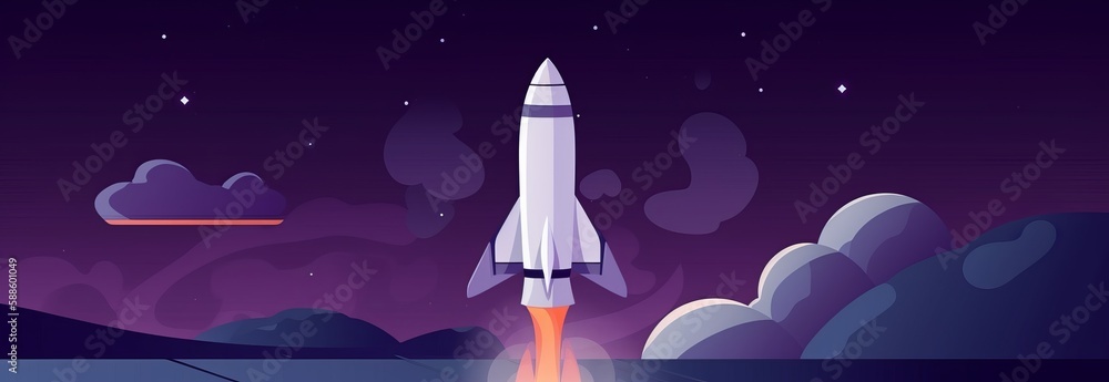 Rocket launch, business fast start concept. Vector spaceship takeoff on earth orbit with smoke clouds. Cartoon shuttle with trail starting from planet to dark starry sky. Project success booster - obrazy, fototapety, plakaty 