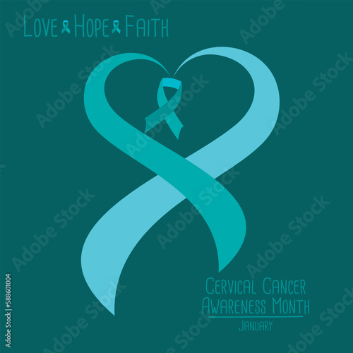 Cervical Cancer Awareness Poster Design. Realistic Teal and White Ribbon. January is Cancer Awareness Month.