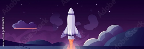 Rocket launch, business fast start concept. Vector spaceship takeoff on earth orbit with smoke clouds. Cartoon shuttle with trail starting from planet to dark starry sky. Project success booster