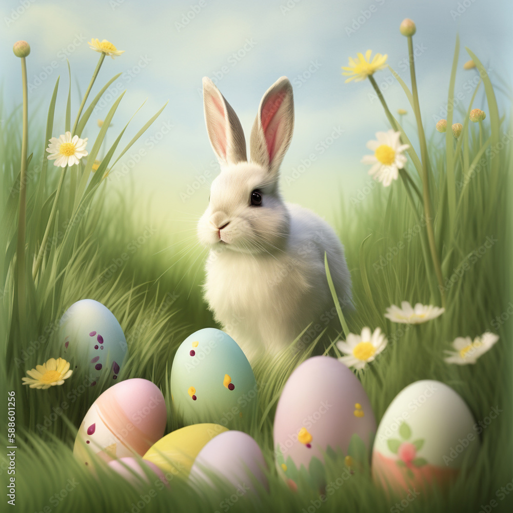 Fototapeta premium Easter bunny and eggs on green grass field spring meadow, digital art illustration. Generative AI