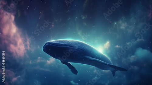 Blue whales fly in the clouds in the night sky  full moon and stars