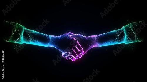 Handshake in digital futuristic style. The concept of partnership, collaboration or teamwork. Vector illustration with light effect and neon