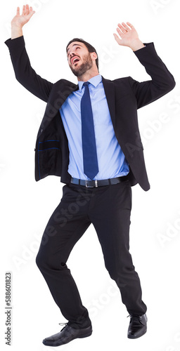 Shocked businessman standing and pushing up