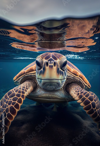Sea turtle peeking its head out of the water for a breath of air, generative ai