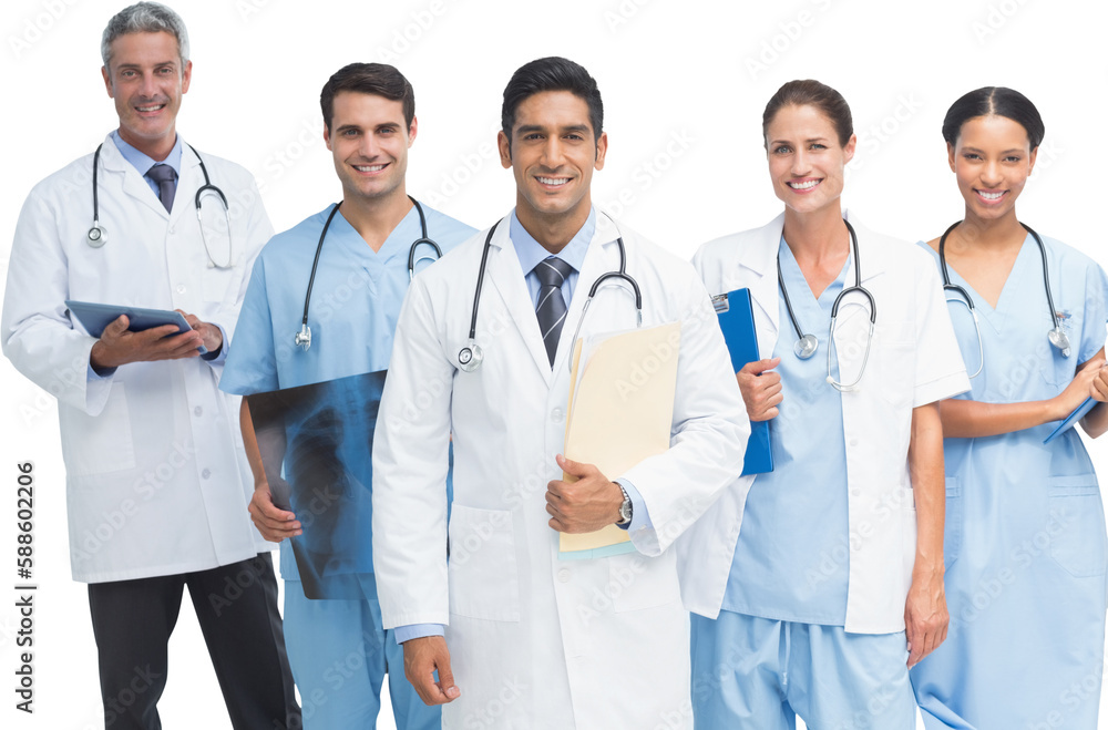 Portrait of male doctor with medical team Portrait of male doctor with medical team