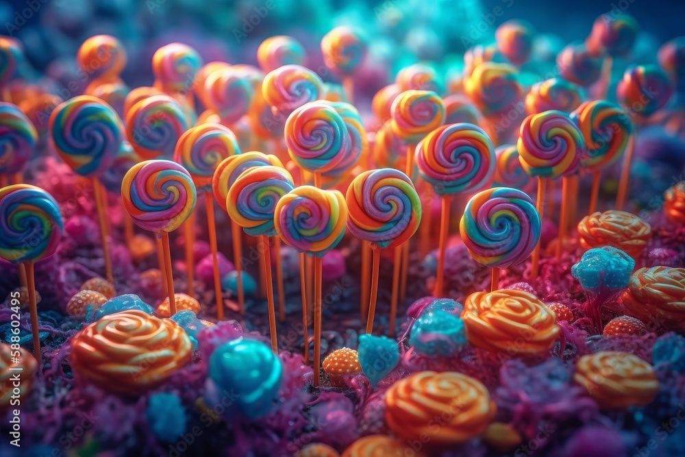 Photo of a colourful display of lollipops arranged on a table created with Generative AI technology