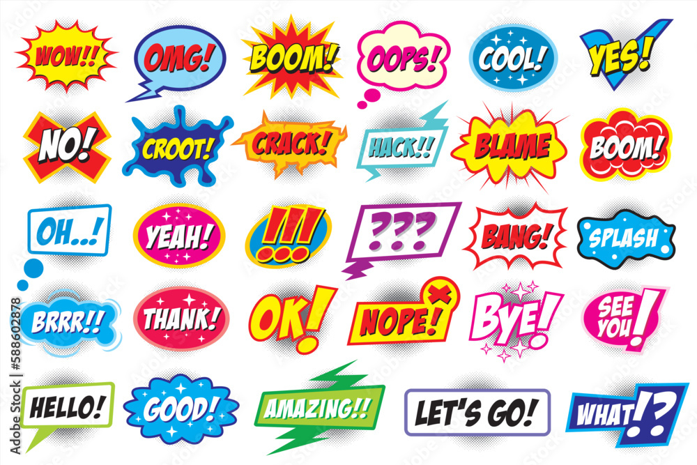 Obraz premium Set of comics speech bubbles. Comic sound effects in pop art style Vector illustration