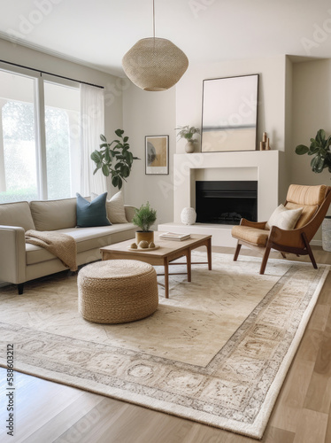 A white living room with a rug, wooden floors and an antique fireplace, in the style of earth tone color palette, multi layered, natural fibers, rug, cottagecore, large canvas sizes, ai generative