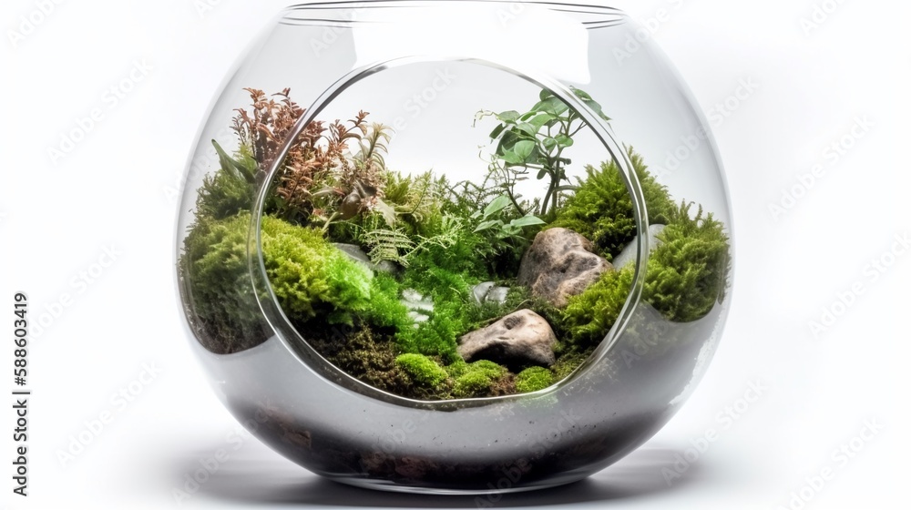 Terrarium design in transparent glass jar isolated on white background Terrarium design in transparent glass jar isolated on white background