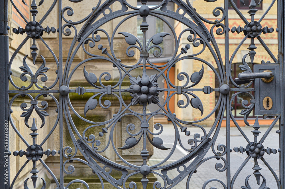View of beautiful grate door in city, closeup