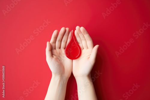 A hand holding a red drop of blood on a red background. Generative AI
