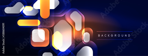 Glowing neon geometric elements abstract background. Neon light or laser show, electric impulse, power lines, techno quantum energy impulse, magic glowing dynamic lines