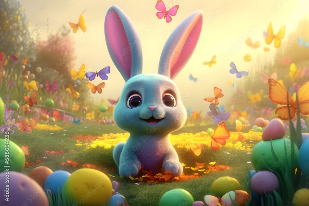 Animated white easter bunny in a colorful field with eggs and butterflies Animated white easter bunny in a colorful field with eggs and butterflies