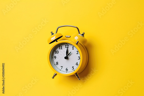 a yellow alarm clock on a yellow background with copy space. Created with Generative AI Technology