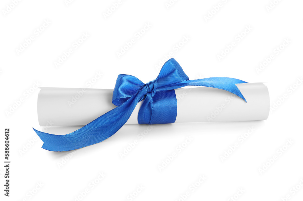 Diploma with blue ribbon isolated on white background Stock Photo ...